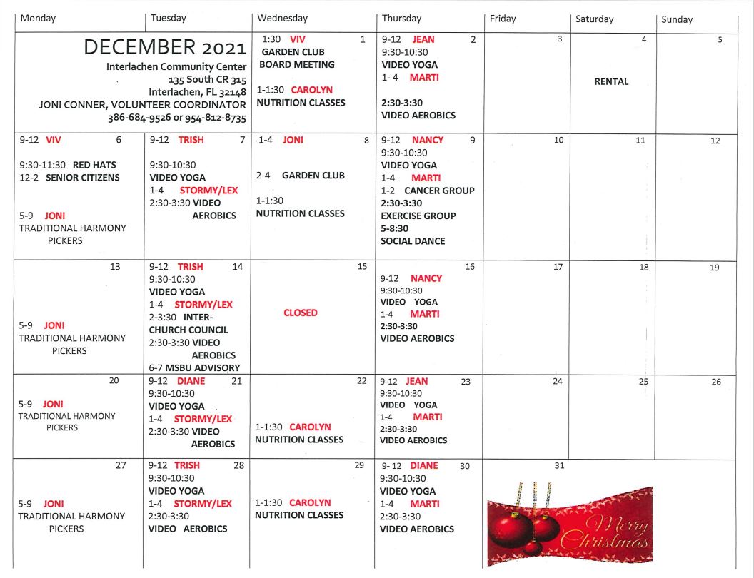 Interlochen Community Center Monthly Calendar