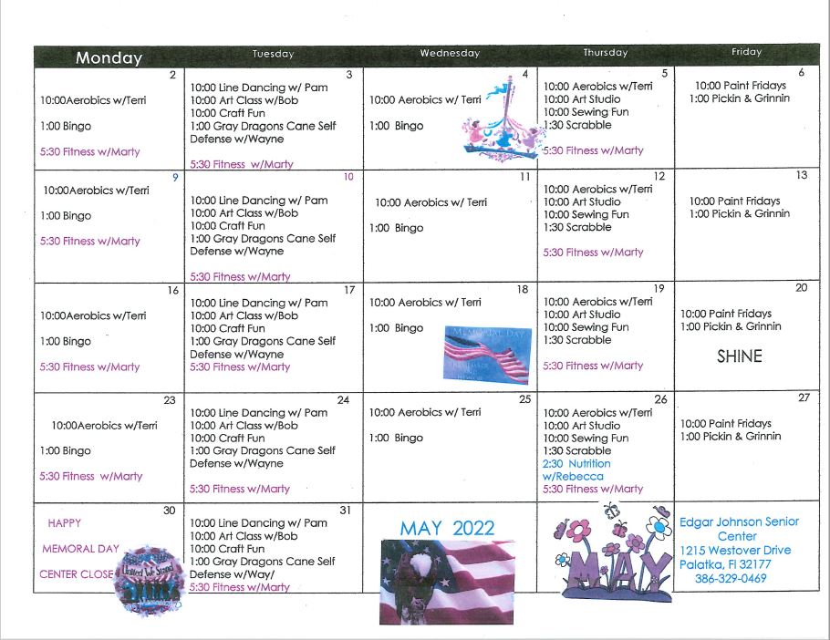 Edgar Johnson Senior Center Monthly Calendar
