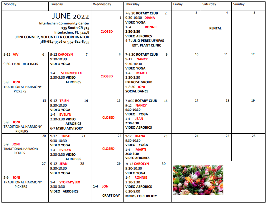 Interlachen Community Center Monthly Calendar